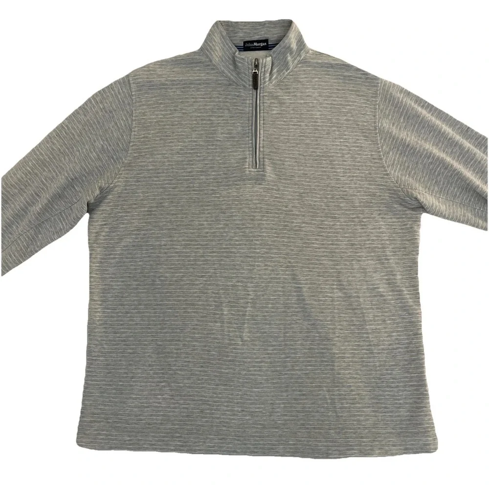 John Morgan LARGE Gray/White Striped 1/4 Zip Golf Pullover Cotton Poly EUC SOFT